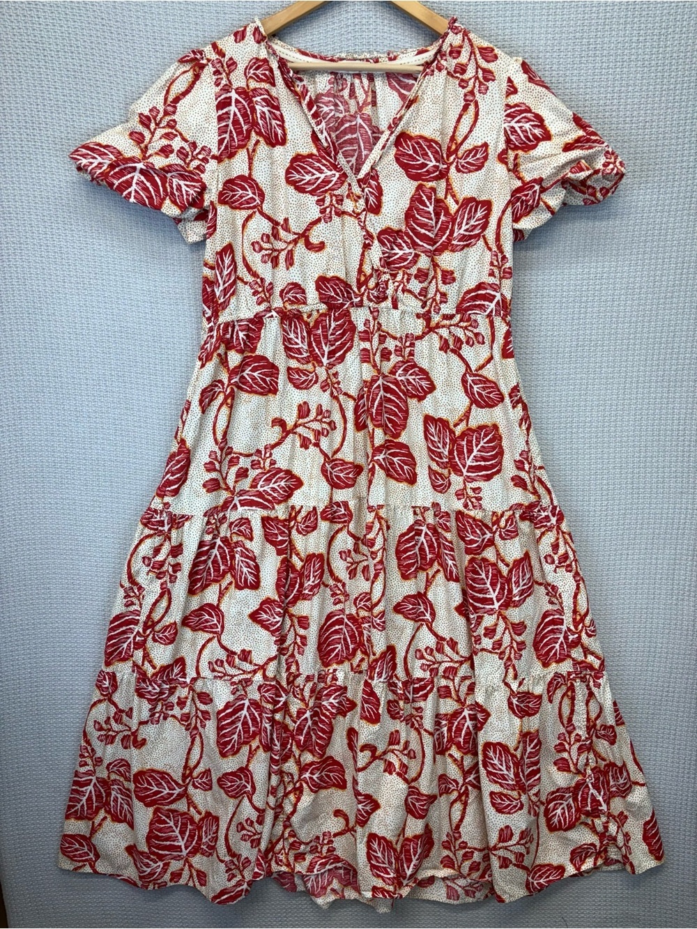Fat Face Aubrey Vine Maxi Dress Sz 14 Cotton Tiered Boho Tropical Tan Red